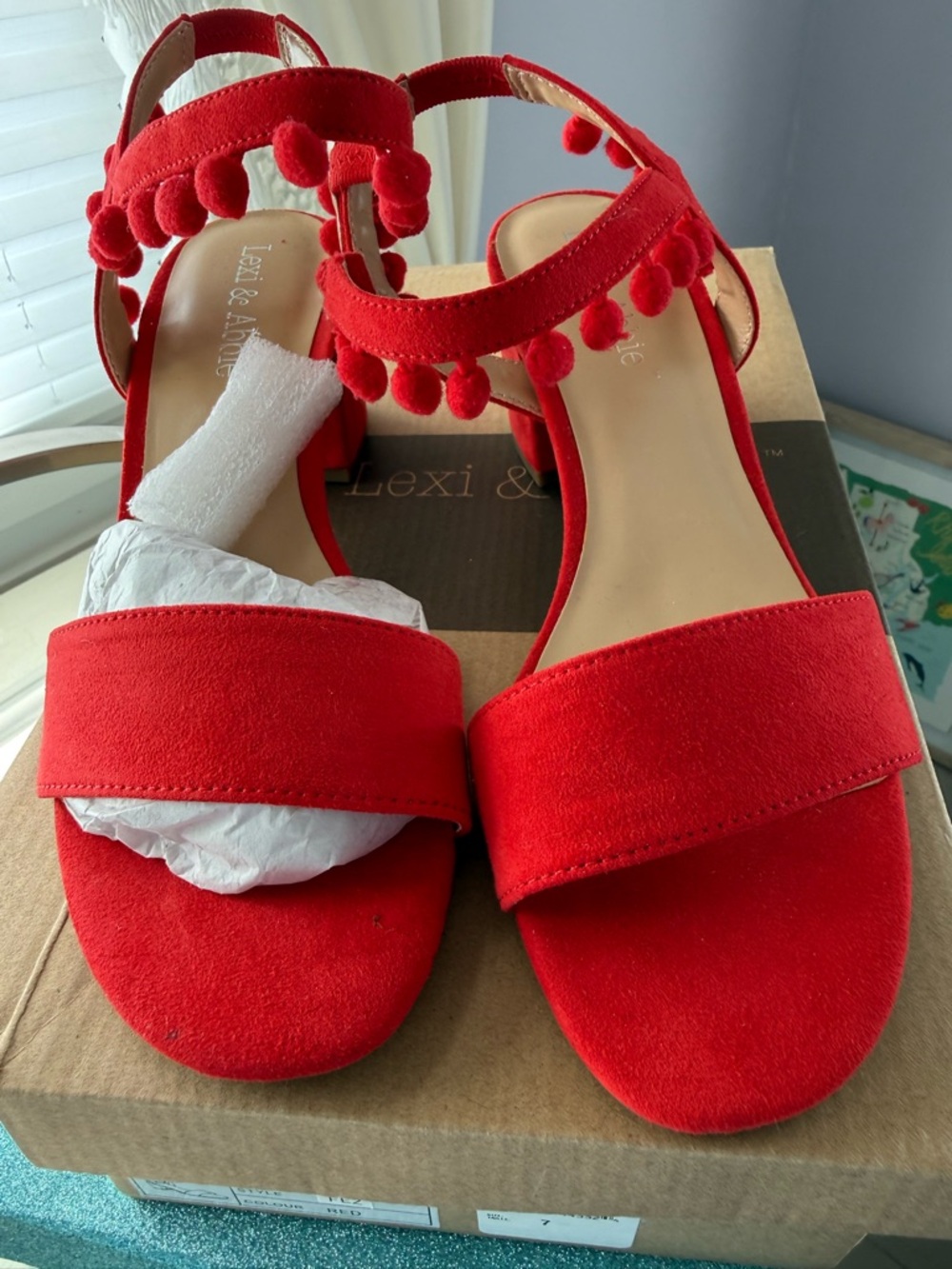 Red Pom Pom Block Heel Sandals - Women